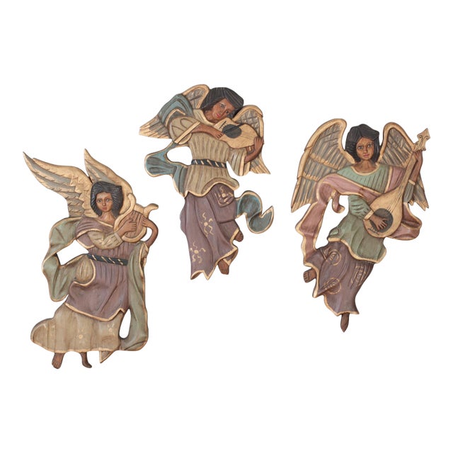 Vintage Mexican Hand Carved Wood Angels With Instruments For Sale
