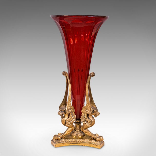 Antique Epergne, French, Gilt Bronze, Cranberry Art Glass, Flower Vase, c.1920 For Sale - Image 6 of 12