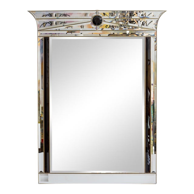Art Deco Mirrored Framed Mirror With Black Glass Rimed In Brass
