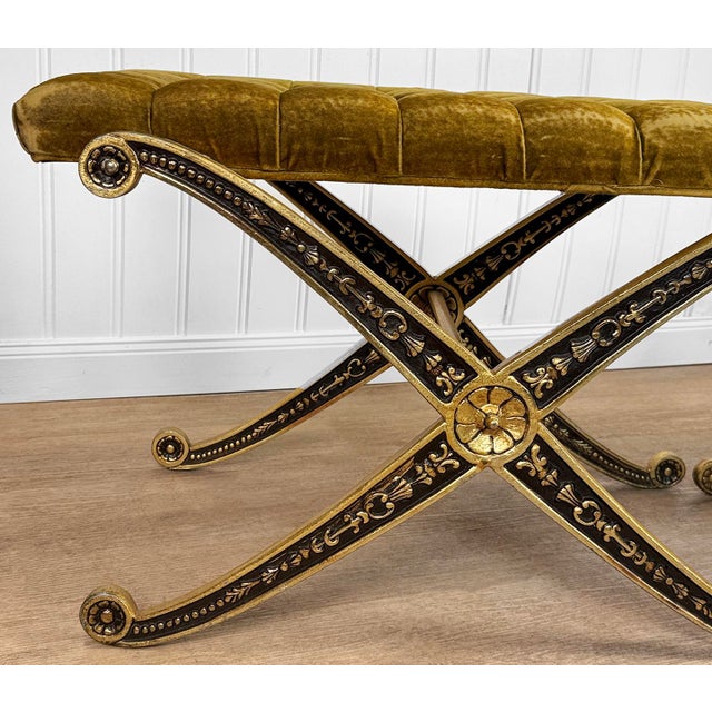 Vintage French Regency Double X Gilded Green Velvet Tuft Window Bench For Sale - Image 14 of 15