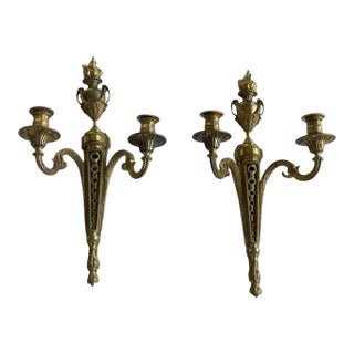 Pair of Antique French Louis XVI Neoclassical Gilt Bronze Ormolu 2 Candelabra Wall Sconces C1860 For Sale
