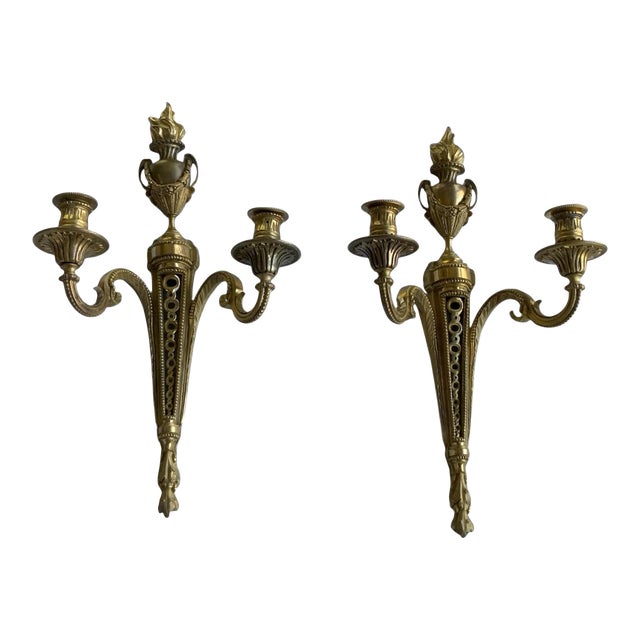 Pair of Antique French Louis XVI Neoclassical Gilt Bronze Ormolu 2 Candelabra Wall Sconces C1860 For Sale