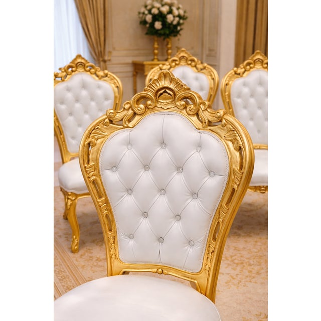 White Late 20c Italian Baroque White Gold Beech Dining Set 7Pc For Sale - Image 8 of 13