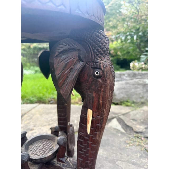 Brown Antique Anglo-Indian Hand-Carved Elephant Side Table With Bone Inlay For Sale - Image 8 of 18
