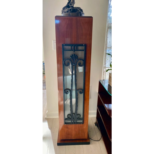 1940s Art Deco Mahogany Lighted Column, French Rod Iron Frosted Glass and Mahogany Wood Lighted Pedestal For Sale - Image 10 of 12