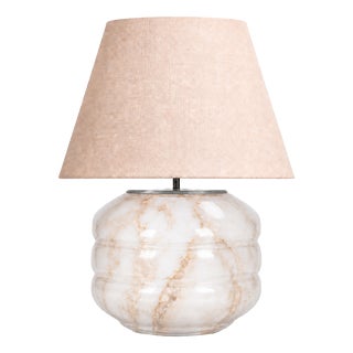 Hand-Blown Glass Table Lamp with Linen Shade in White Marble by Svitanok For Sale