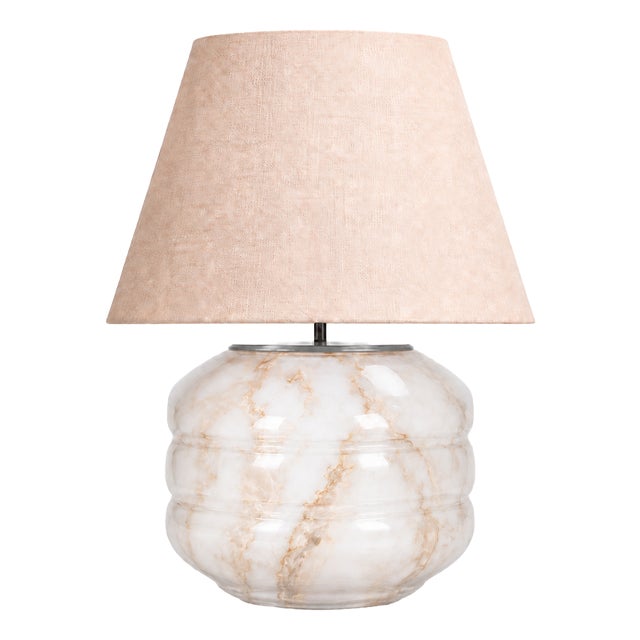Hand-Blown Glass Table Lamp with Linen Shade in White Marble by Svitanok For Sale