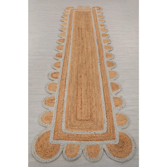 Light Blue Jute Scallop Handmade Boho Runner 2'5" x 2' For Sale - Image 11 of 13