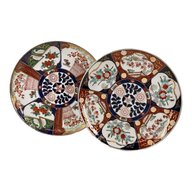 Pair of Vintage Japanese "Gold Imari" Hand-Painted Rickshaw Chargers, 11" For Sale