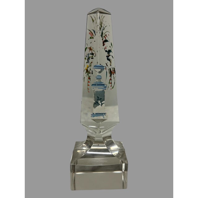 Victorian Antique Cut Glass Obelisk Paperweight With Hand Painted Floral & Urn Decor For Sale - Image 3 of 11