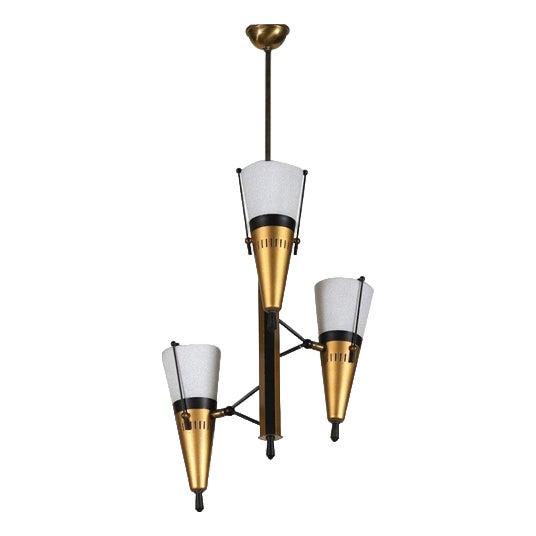 Vintage Three-Light Suspended Lamp in Metal and Glass, Italy, 1950s For Sale