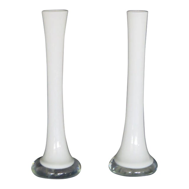 White Cased Glass Tapered Vases - A Pair For Sale