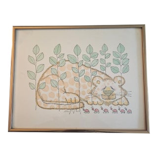 Whimsical Tiger Original Artist Signed Woodcut Print 14”x11” For Sale