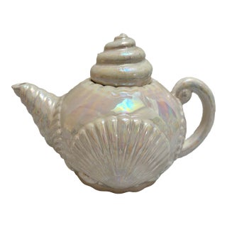 Vintage Opalescent Seashell Ceramic Teapot For Sale