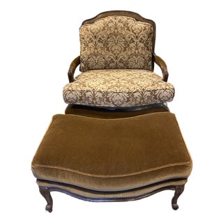 Stoneleigh Ltd. Traditional Mohair and Fabric French Upholstered Custom Lounge Chair With Matching Ottoman For Sale