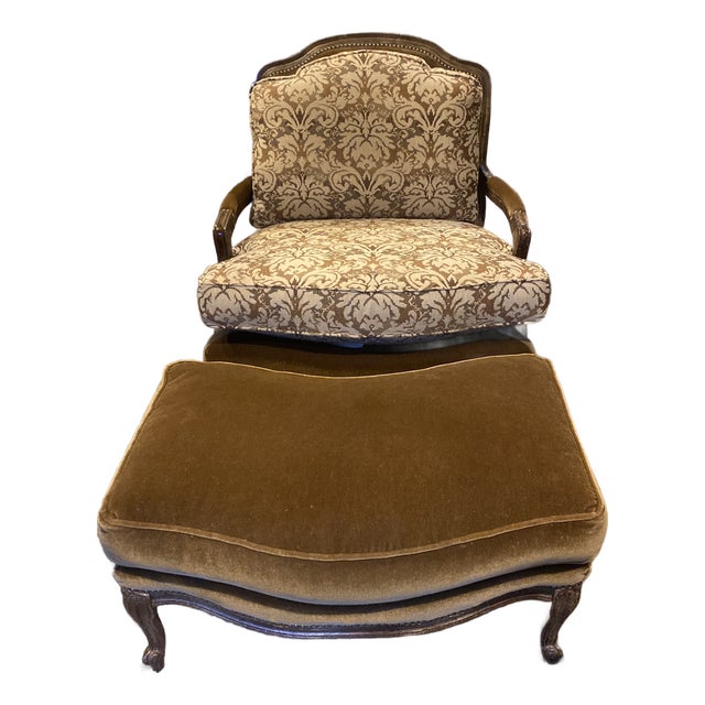 Stoneleigh Ltd. Traditional Mohair and Fabric French Upholstered Custom Lounge Chair With Matching Ottoman For Sale