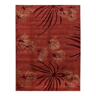 2010s Modern Tibetan Handmade Maroon Wool & Silk Rug With Floral Design For Sale