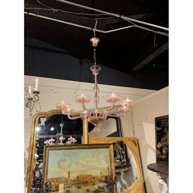 Modern Murano pink glass 8-light chandelier. Circa 2000. The chandelier has been professionally rewired, comes with...