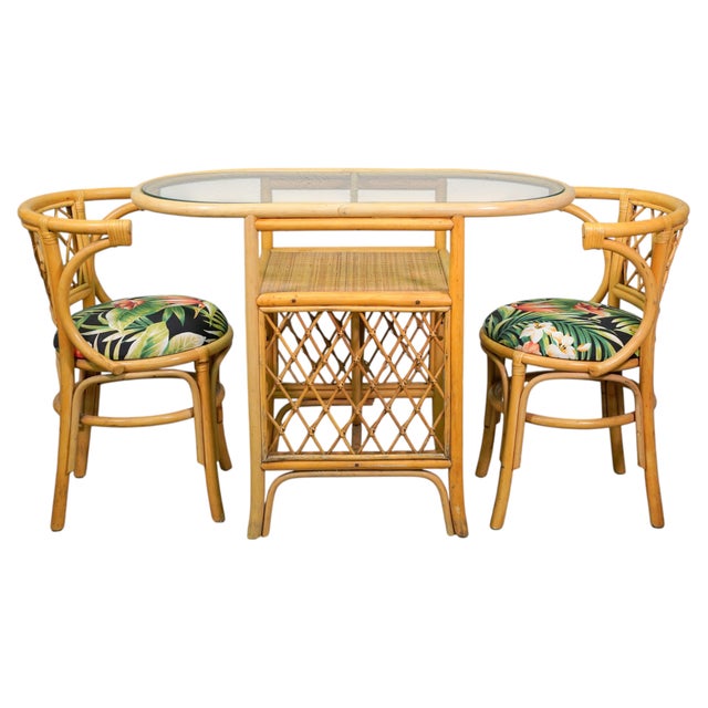 Vintage Coastal Rattan Bistro Table & Chairs Set, New Tropical Fabric, 1970s For Sale - Image 13 of 13