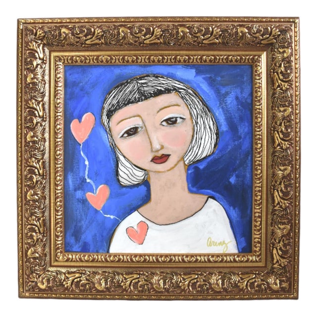 Woman Portrait Painting With Floating Hearts by Ruth Arenz Including the Antiqued Gold Frame For Sale
