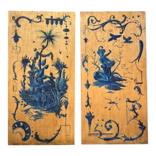 Pair of Hand Painted Blue Chinoiserie Chic Wall Hanging Giltwood Panels For Sale