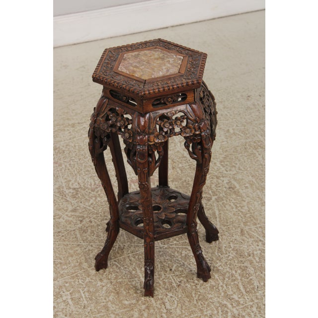 Chinese Chinese Antique Hexagonal Carved Plant Stand With Inlaid Marble Top For Sale - Image 3 of 13