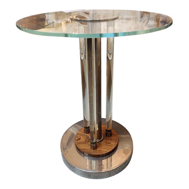 1990s Chrome and Wood Glass Side Table For Sale