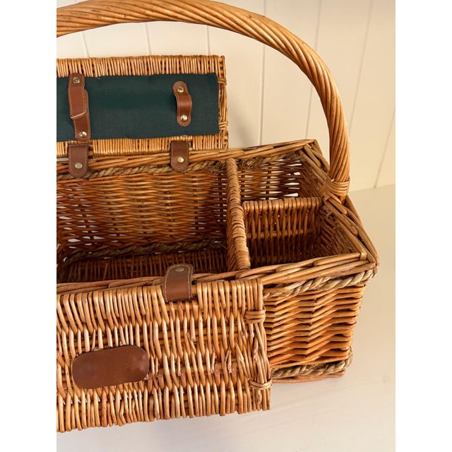 Wood Vintage Wicker Picnic Basket and Wine Carrier For Sale - Image 7 of 13