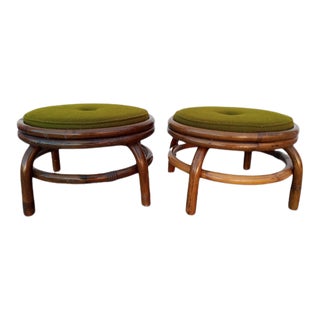 Vintage Boho Chic Round Dark Bamboo Upholstered Green Ottoman Set - a Pair For Sale