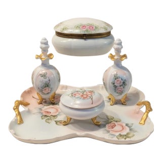 Vintage Hand Painted Porcelain Vanity Set-Tray-Perfume Bottles-Casket-Jar-Signed For Sale