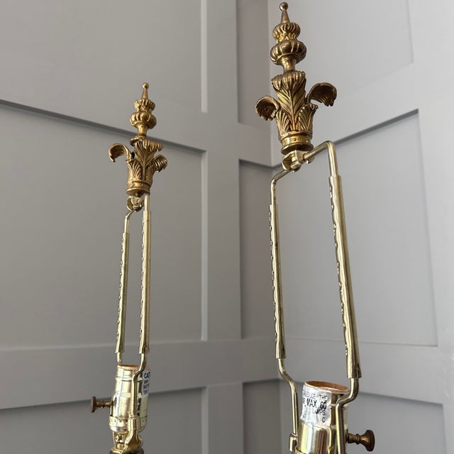 1980s John Richard Pillar Lamps Features Detailed Brass Palm Frond Accents and a Leaded Crystal Column - a Pair For Sale - Image 11 of 12