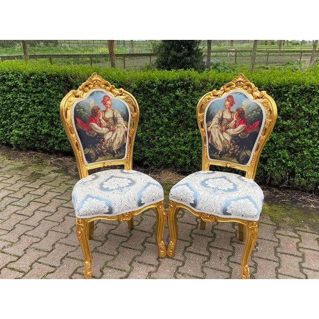 French 1980 French Louis XVI Gold Beech Damask Dining Chairs - 4 Pc For Sale - Image 3 of 9