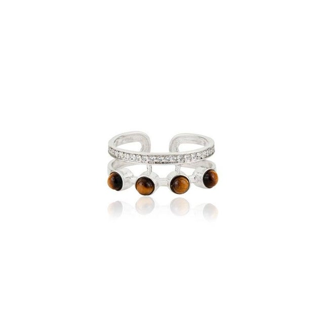 Gemstone Boho Tiger’s Eye & Zircon Double Band Ring in 925 Silver, Size 8.5 For Sale - Image 7 of 11