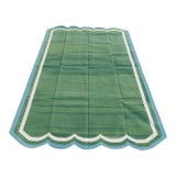 Handmade Cotton Vegetable Dyed Scalloped Green Rug with Cream and Teal Blue Border - 5'x8' For Sale