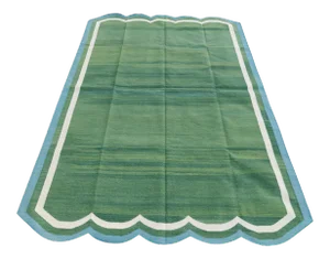 Handmade Cotton Vegetable Dyed Scalloped Green Rug with Cream and Teal Blue Border - 5'x8'