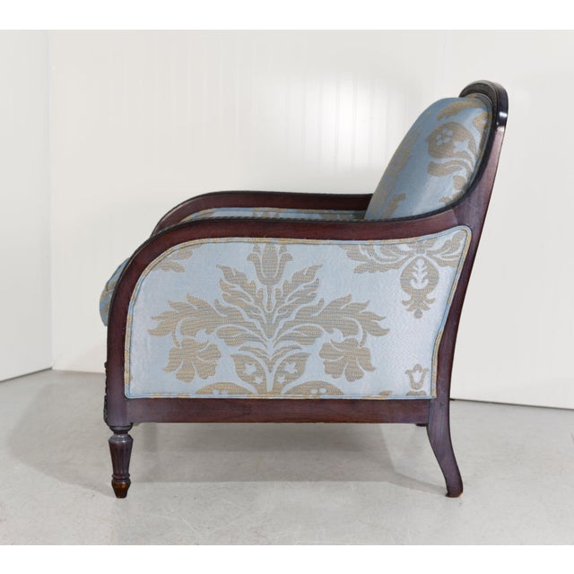 Wood Vintage Blue-Gray Satin Damask Lounge Chair For Sale - Image 7 of 12