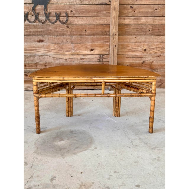 Brown Vintage Bamboo Chinese Style Demi-Lune Center Table With Open Fretwork Design For Sale - Image 8 of 12