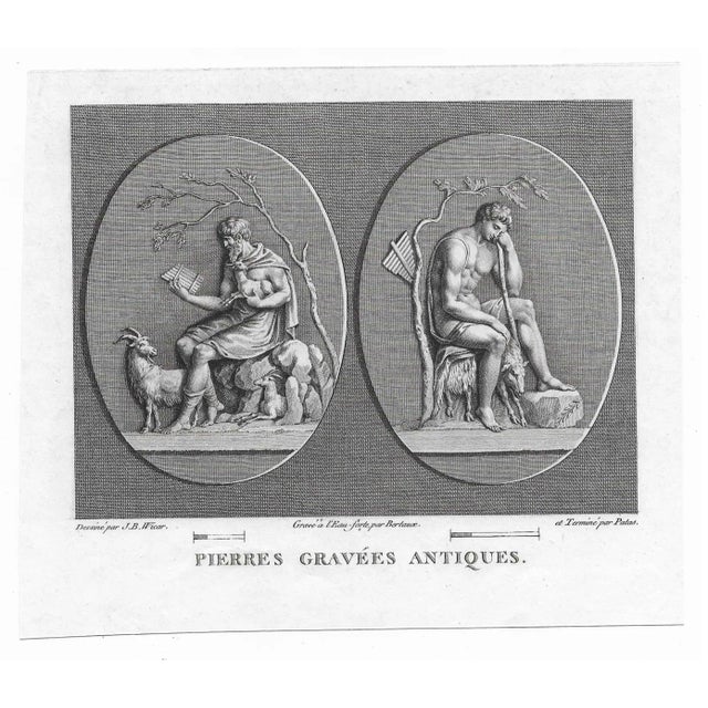 1762 Italian copper plate engraving of two shepherds, both with pan flutes, goats and sheep.