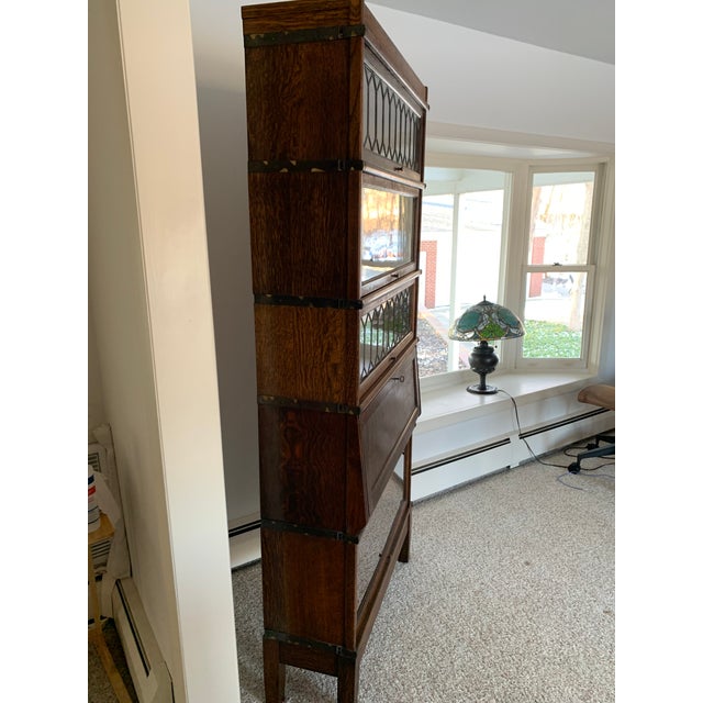 Brown Antique Globe Wernicke Barrister Bookcase Quartersawn Oak W/ Drop Front Secretary Desk + Leaded Glass For Sale - Image 8 of 18