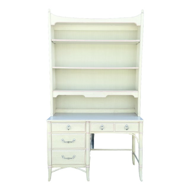 Vintage Coastal Faux Bamboo Cream and Pink Desk With Hutch by Thomasville For Sale