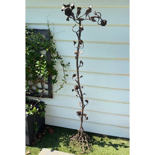 1940s Hand Forged Wrought Iron Rose Floor Candle Holder Sculpture Roots Blacksmith For Sale - Image 13 of 13