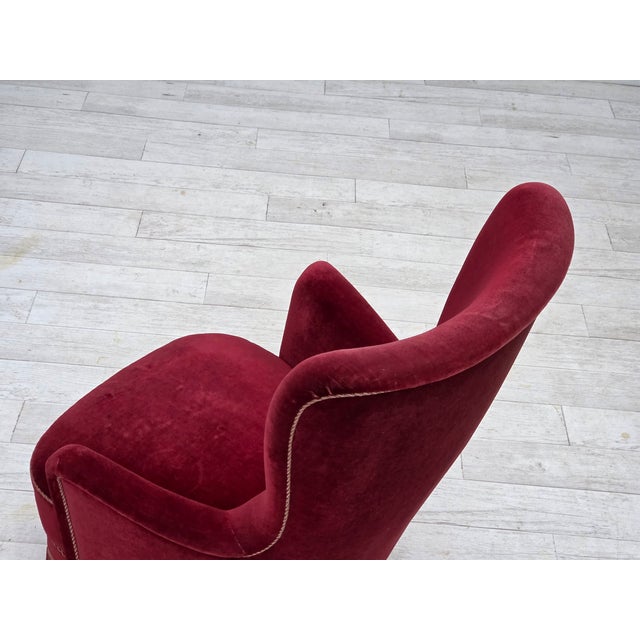 Danish Armchair in Cherry-Red Velour with Ash Legs, 1970s For Sale - Image 16 of 17