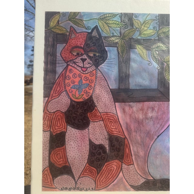Jude Kirby Original Folk Art. “Fat Cat” Oil Pastel on Paper. For Sale - Image 4 of 4