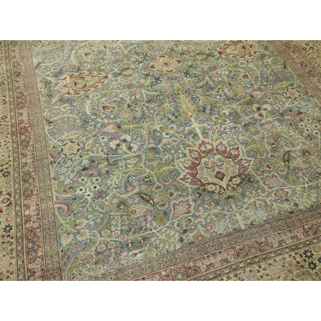 1920's formal persian meshed rug in stunning raspberries and green blues