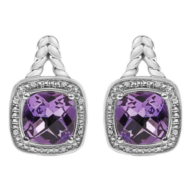 Sterling Silver Cushion Cut Amethyst and Diamond Accent Halo Drop Earrings, Pair For Sale