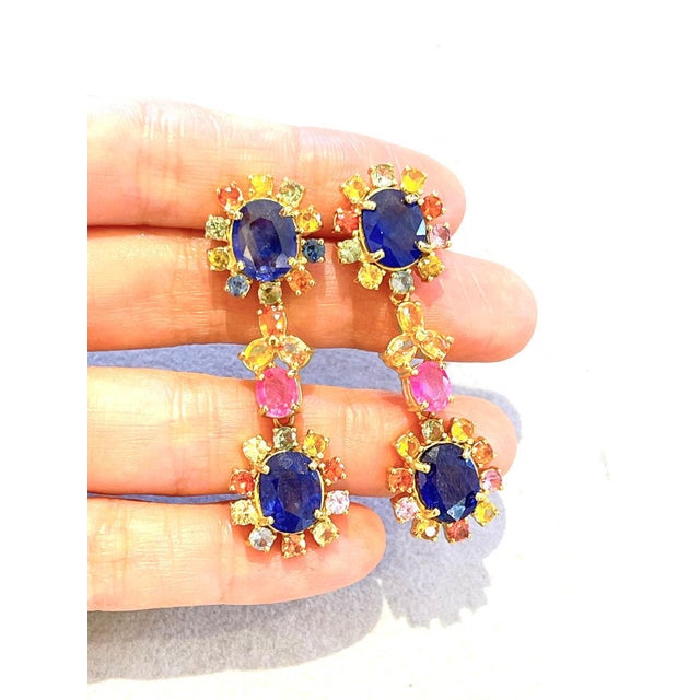 Gemstone Bochic "Capri" Blue & Multi Sapphire & Ruby Earrings Set In 18K Gold & Silver For Sale - Image 7 of 18
