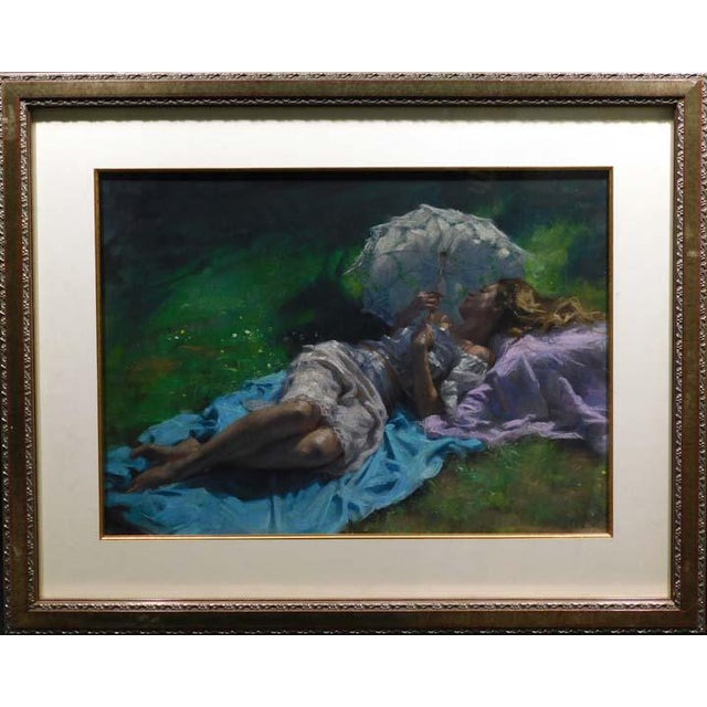 1990s Vicente Romero "Descanso en El Jardin" Original Pastels Figures Hand Signed Artwork For Sale - Image 5 of 5