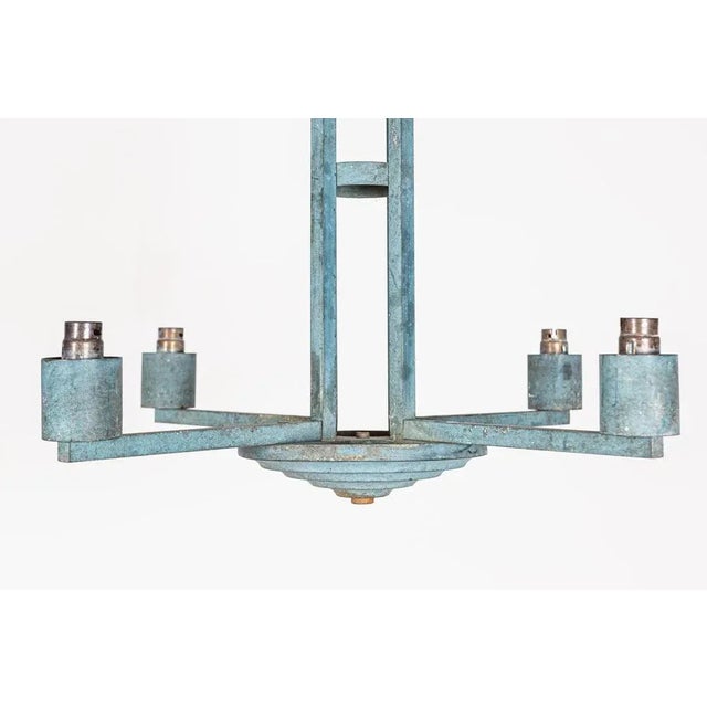 Antique Circa 1920-30 Paris Theatre Verdigris 4 arm brass chandelier. Rewired and Pat Tested. Ready to hang. Shown with an...