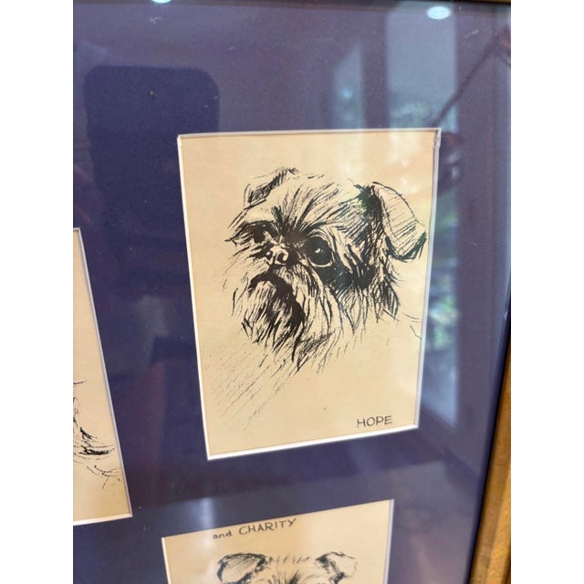 1970s-80s Brussels Griffon dog drawings; set of 3 in gilt frame w/ purple mat. Excellent condition. Measures 19.5" x 16.5"...