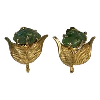 1940s Art Nouveau Green Jasper Gold Earrings, Pair For Sale